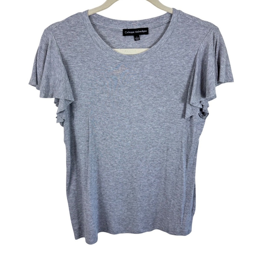 Catherine Malandrino Womens Grey Ribbed Flutter‎ Sleeve Crew Neck Top Small